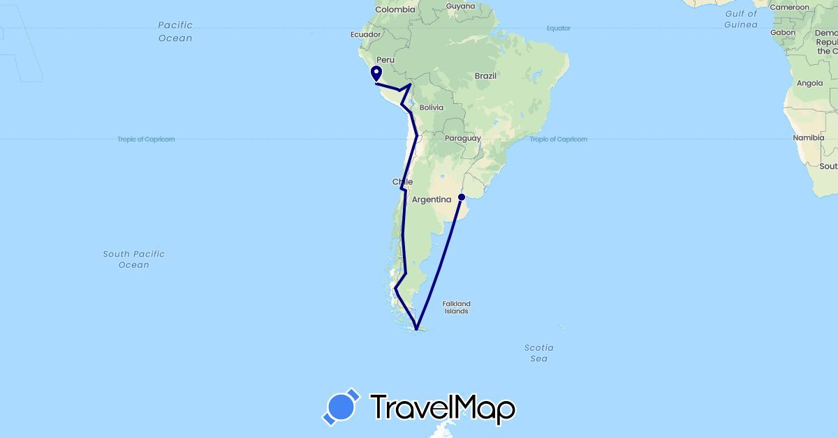 TravelMap itinerary: driving in Argentina, Chile, Peru (South America)